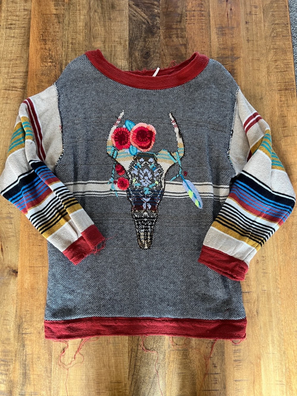 Free People Red Trim Black & White Striped Knit Pullover